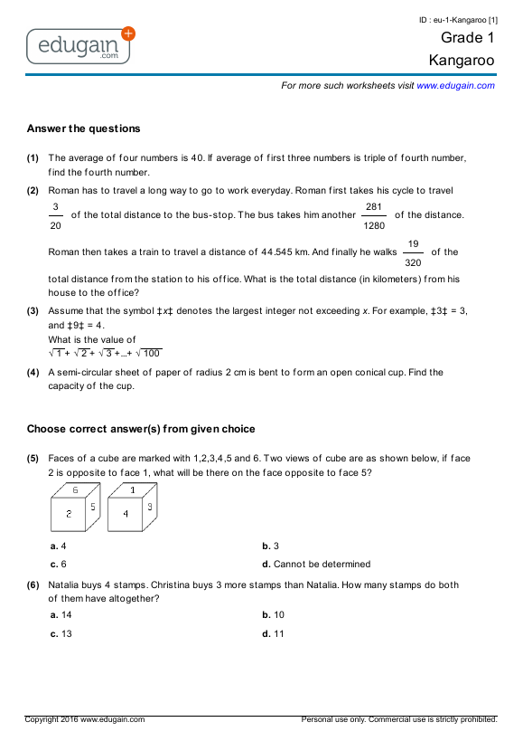 Grade 1 Kangaroo Math Competition Preparation Online Practice 